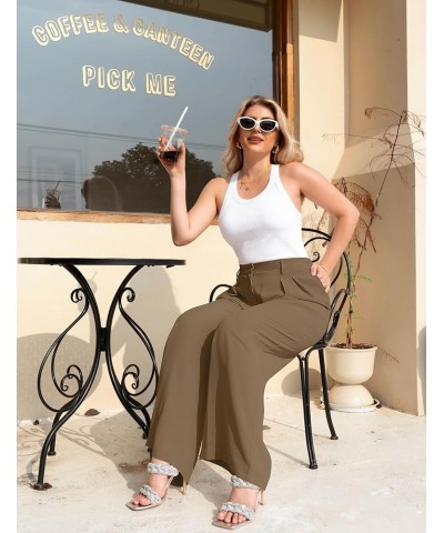 Women's Loose Fit High Elastic Waisted Wide Leg Straight Long Trousers Suit Pants Camel $20.71 Pants