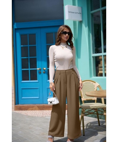 Women's Loose Fit High Elastic Waisted Wide Leg Straight Long Trousers Suit Pants Camel $20.71 Pants