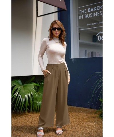 Women's Loose Fit High Elastic Waisted Wide Leg Straight Long Trousers Suit Pants Camel $20.71 Pants