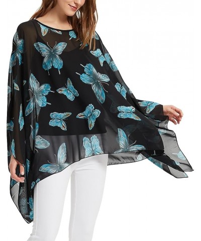 Womens Summer Solid Sheer Batwing Blouse Chiffon Caftan Poncho Tunic Top Plus Size Cover up Butterflies-blue $10.32 Swimsuits