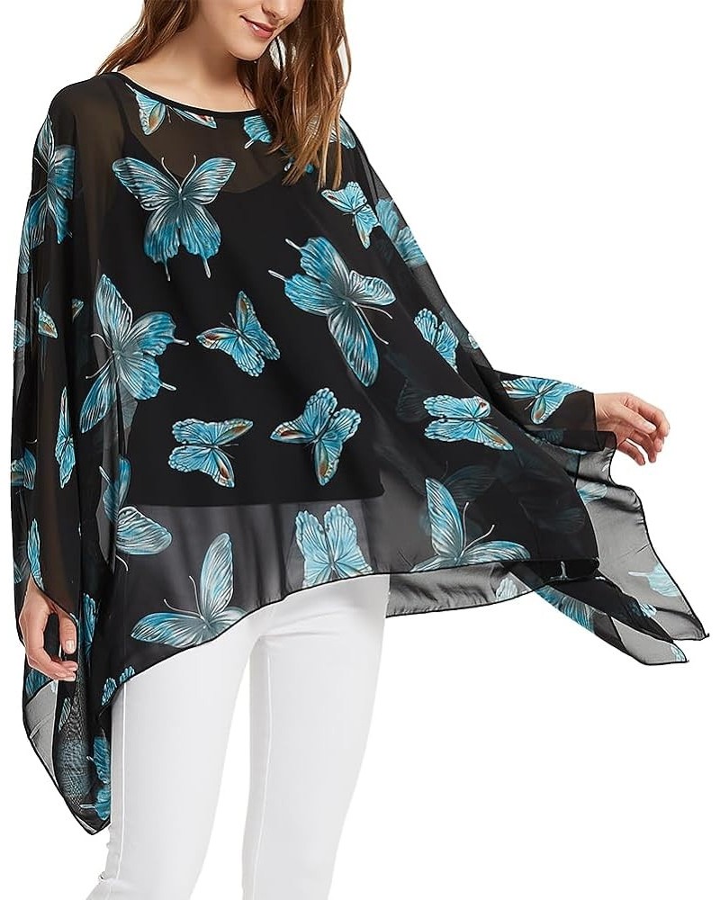 Womens Summer Solid Sheer Batwing Blouse Chiffon Caftan Poncho Tunic Top Plus Size Cover up Butterflies-blue $10.32 Swimsuits