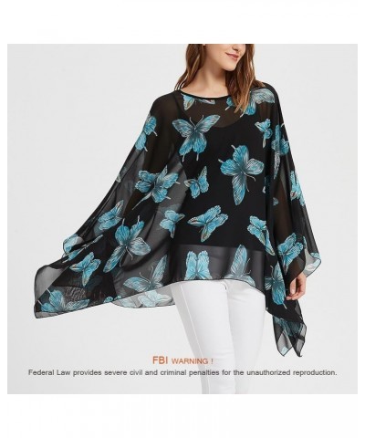 Womens Summer Solid Sheer Batwing Blouse Chiffon Caftan Poncho Tunic Top Plus Size Cover up Butterflies-blue $10.32 Swimsuits