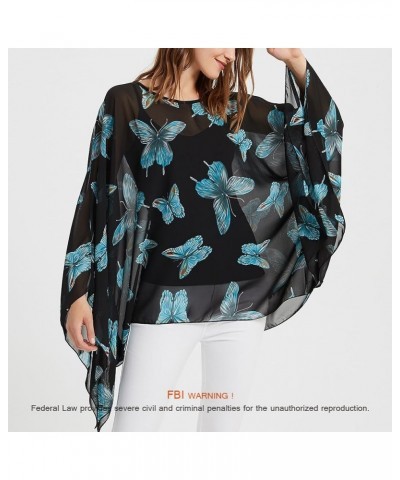 Womens Summer Solid Sheer Batwing Blouse Chiffon Caftan Poncho Tunic Top Plus Size Cover up Butterflies-blue $10.32 Swimsuits