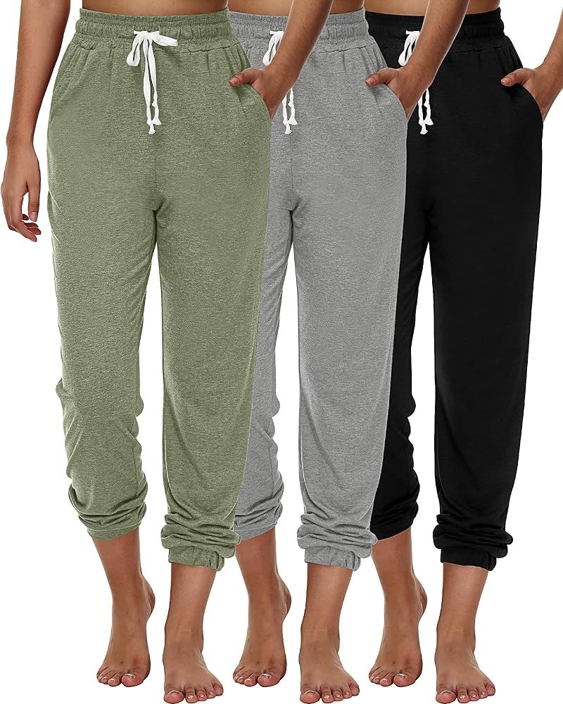 3 Pcs Women's Joggers Pants Casual Soft Sweatpants Lounge Pants High Waisted Athletic Joggers with Pockets Black, Bean Green,...