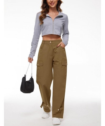 Women Casual Wide Leg Cargo High Waisted Pants Cotton Loose Lounge Pants Streetwear with Multiple Pockets Khaki $15.05 Pants