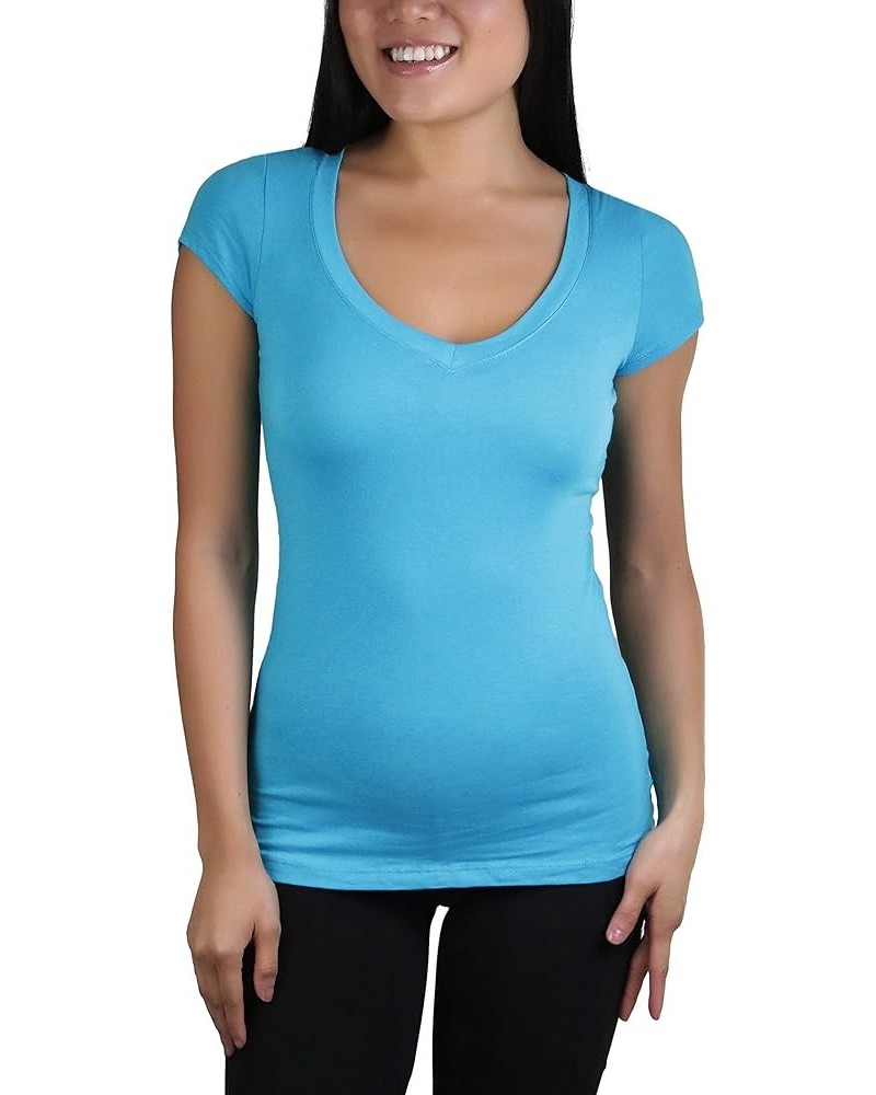 Women's Short Sleeve V-Neck Solid Print T-Shirt Scuba Blue $10.23 T-Shirts