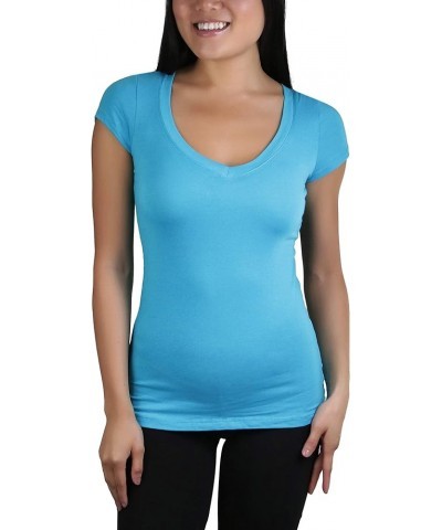 Women's Short Sleeve V-Neck Solid Print T-Shirt Scuba Blue $10.23 T-Shirts