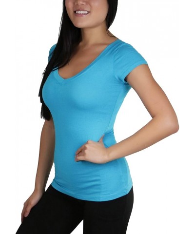 Women's Short Sleeve V-Neck Solid Print T-Shirt Scuba Blue $10.23 T-Shirts