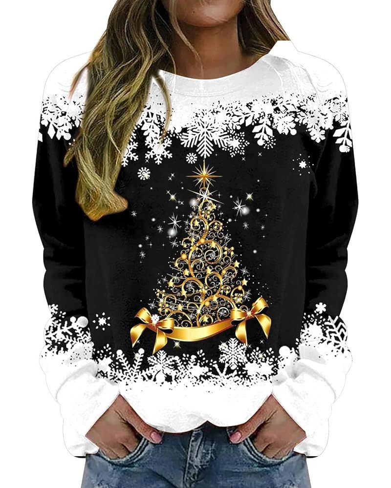 Women's Merry Christmas Printed Top Long Sleeved Round Neck Pullover Sweater Fall Winter Lightweight Sweatshirt C-black $10.4...