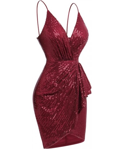 Womens 3/4 Sleeve V Neck Sequin Sparkle Glitzy Glam Flapper Party Dress Cocktail Glitter Bodycon Wedding Evening Clubwear Red...