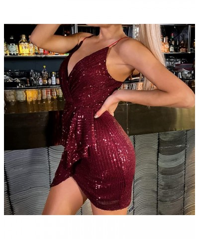 Womens 3/4 Sleeve V Neck Sequin Sparkle Glitzy Glam Flapper Party Dress Cocktail Glitter Bodycon Wedding Evening Clubwear Red...