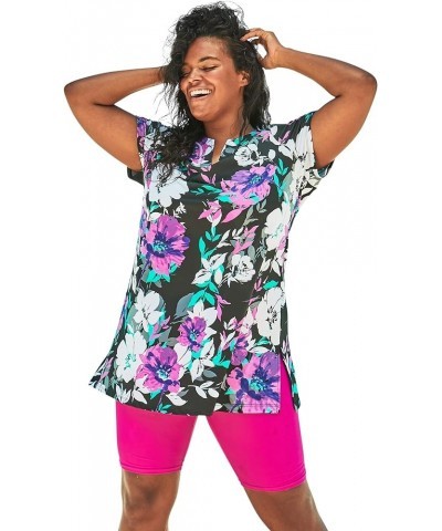 Women's Plus Size Chlorine Resistant Swim Tunic Pink Graphic Peony $37.73 Swimsuits