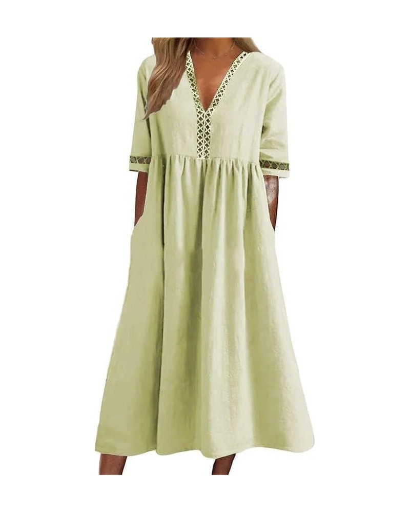 Women's Summer Midi Cotton Dress Casual V Neck Short Sleeve Dresses with Pockets D-light Yellow $13.33 Dresses