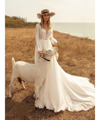 Rustic Beach Boho Outdoor Wedding Dress V-Neck White Lace Chiffon Long Sleeve Photography Bridal Gown (Color : Ivory, Size : ...