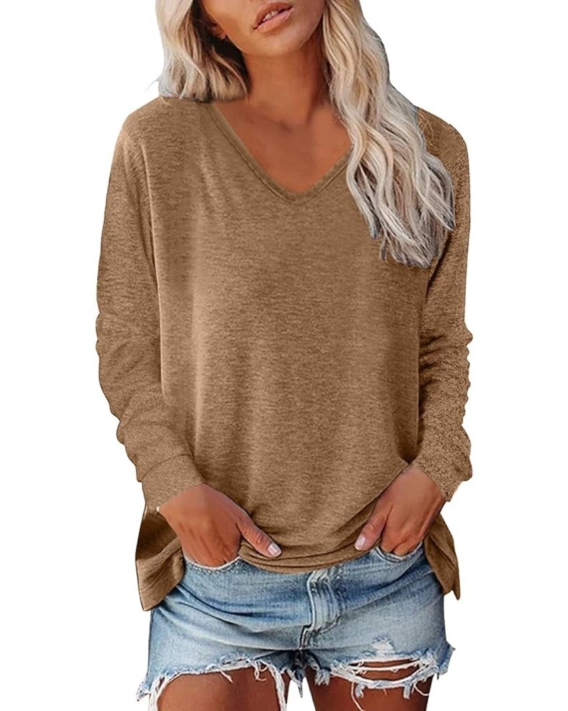 Long Sleeve V Neck T Shirts for Women Trendy Casual Solid Color Tunic Tops Basic Tees Loose Comfy Fall Blouse A2-brown $6.88 ...