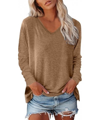 Long Sleeve V Neck T Shirts for Women Trendy Casual Solid Color Tunic Tops Basic Tees Loose Comfy Fall Blouse A2-brown $6.88 ...