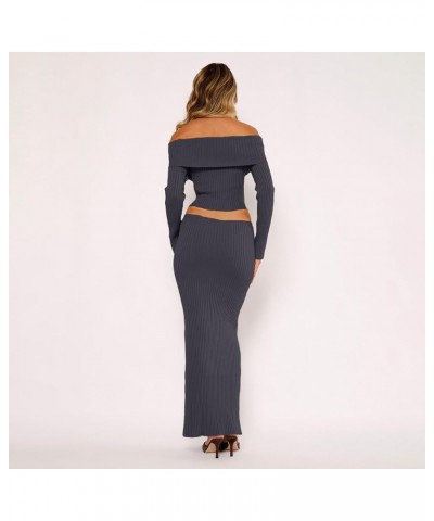 Women Sexy 2piece Skirt Sets Off Shoulder Long Sleedve Knit Crop Tops Bodycorn Knit Long Skirt Fall Knit Dress Set Grey $18.2...