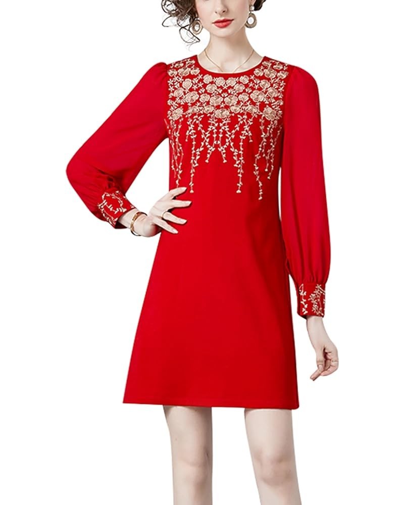 Women's Premium Embroidered Floral Round Neck Cocktail Formal Mini Dress 25207 Red $31.99 Dresses