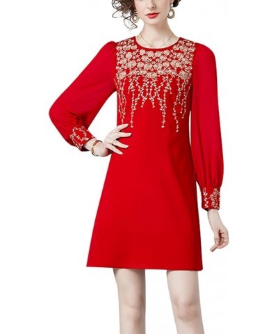 Women's Premium Embroidered Floral Round Neck Cocktail Formal Mini Dress 25207 Red $31.99 Dresses