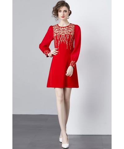 Women's Premium Embroidered Floral Round Neck Cocktail Formal Mini Dress 25207 Red $31.99 Dresses