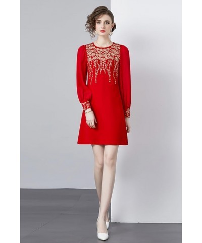 Women's Premium Embroidered Floral Round Neck Cocktail Formal Mini Dress 25207 Red $31.99 Dresses