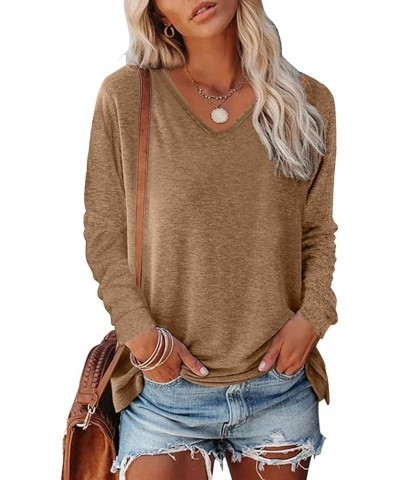 Long Sleeve V Neck T Shirts for Women Trendy Casual Solid Color Tunic Tops Basic Tees Loose Comfy Fall Blouse A2-brown $6.88 ...