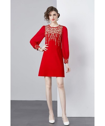 Women's Premium Embroidered Floral Round Neck Cocktail Formal Mini Dress 25207 Red $31.99 Dresses