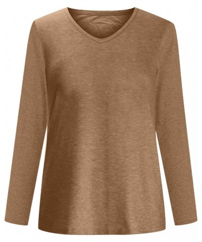 Long Sleeve V Neck T Shirts for Women Trendy Casual Solid Color Tunic Tops Basic Tees Loose Comfy Fall Blouse A2-brown $6.88 ...