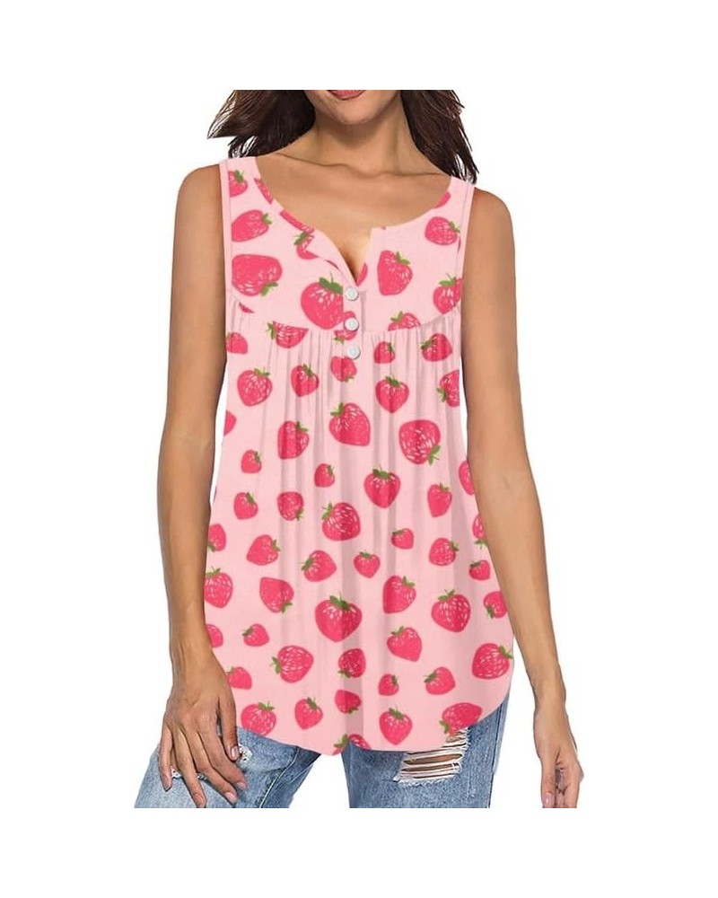 Womens Summer Casual Tank Tops Loose Fit V-Neck Shirts, Printed Henley Shirts Sleeveless Cami Tops Plus Size Strawberry Pink ...