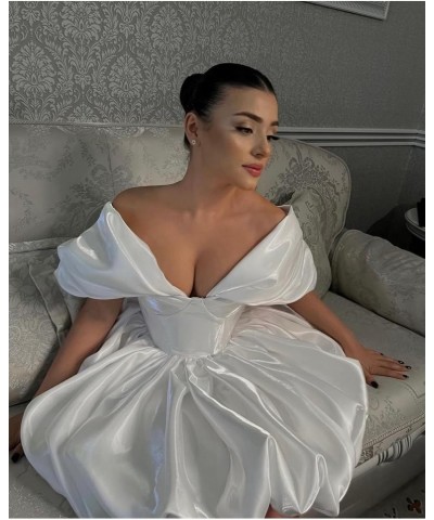 Off The Shoulder Short Wedding Dresses for Bride Pufffy Satin Bridal Dresses w/Pockets Strapless Formal Ball Gowns Gold $38.2...