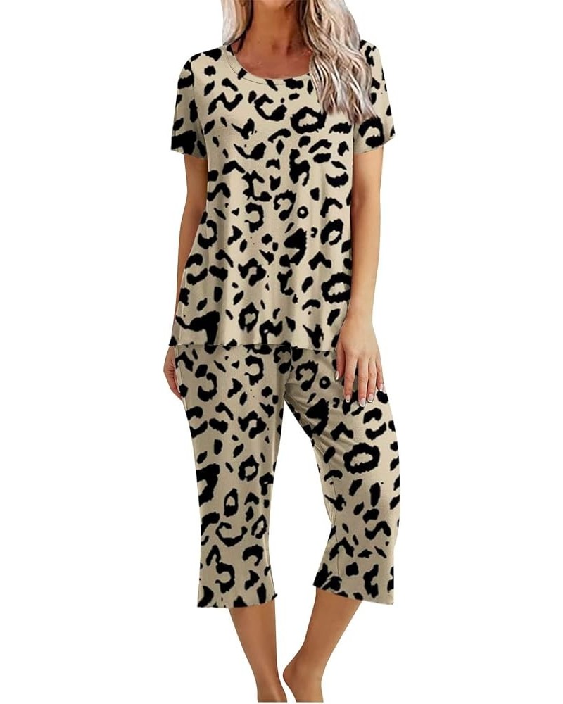 Womens Pajamas Sets 2024 Short Sleeve Sleepwear Tops and Capri Pants Two Piece Loungewear Soft Pjs Sets with Pockets A06-brow...