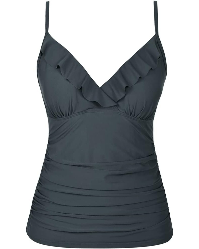 Women's Tankini Tops Shirred Ruffled Swimsuits V Neck Swimwear Top Grey $18.00 Swimsuits