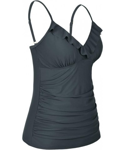 Women's Tankini Tops Shirred Ruffled Swimsuits V Neck Swimwear Top Grey $18.00 Swimsuits