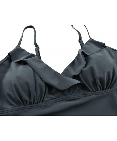 Women's Tankini Tops Shirred Ruffled Swimsuits V Neck Swimwear Top Grey $18.00 Swimsuits