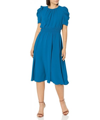 Women's Shirred Jewel Neck Pleated Ruched Sleeve Elastic Waist Midi Dress Directoire Blue $18.68 Dresses