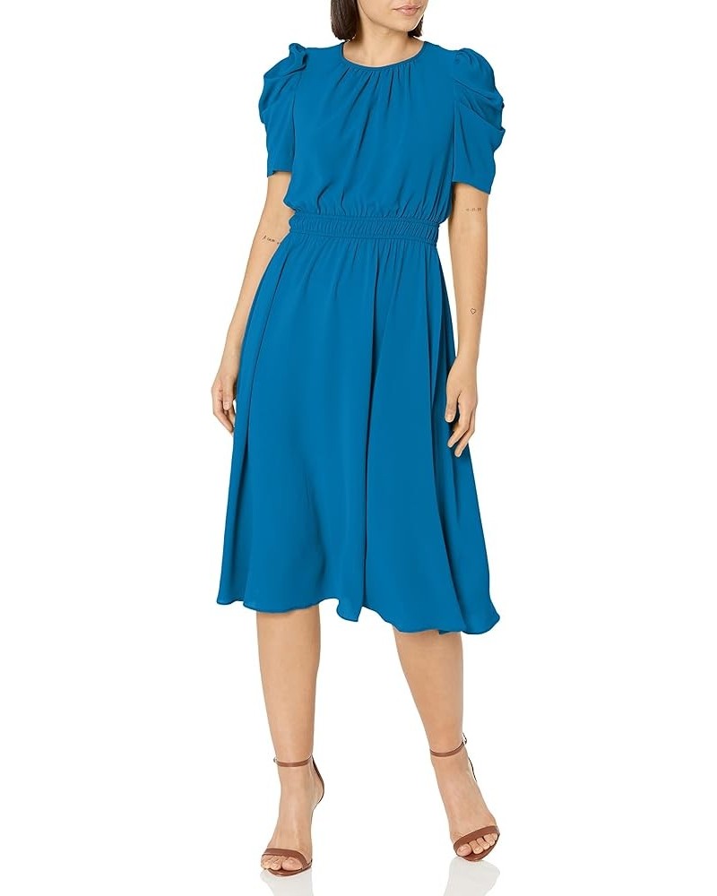 Women's Shirred Jewel Neck Pleated Ruched Sleeve Elastic Waist Midi Dress Directoire Blue $18.68 Dresses