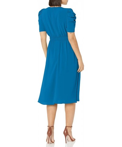 Women's Shirred Jewel Neck Pleated Ruched Sleeve Elastic Waist Midi Dress Directoire Blue $18.68 Dresses