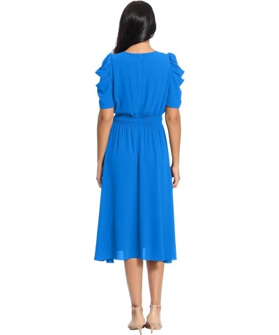 Women's Shirred Jewel Neck Pleated Ruched Sleeve Elastic Waist Midi Dress Directoire Blue $18.68 Dresses