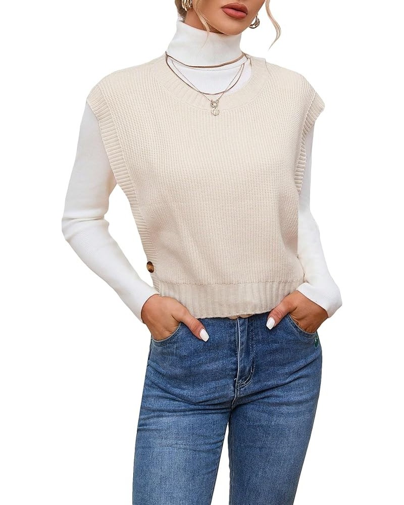 Women's Sleeveless Round Neck Knit Sweater Vest Button Crop Sweater Tops Beige $8.84 Sweaters