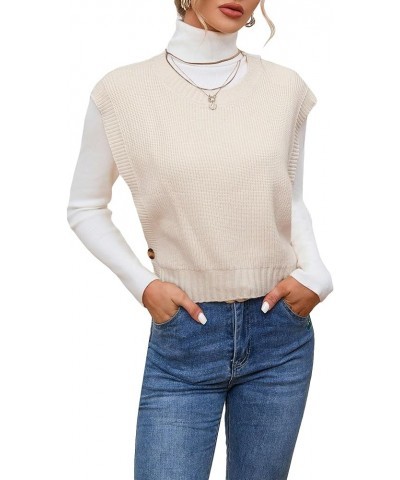 Women's Sleeveless Round Neck Knit Sweater Vest Button Crop Sweater Tops Beige $8.84 Sweaters