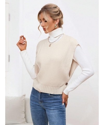 Women's Sleeveless Round Neck Knit Sweater Vest Button Crop Sweater Tops Beige $8.84 Sweaters