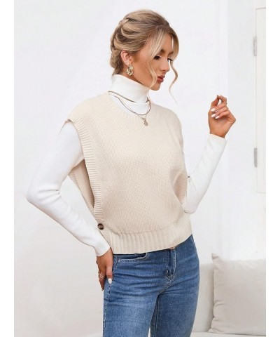 Women's Sleeveless Round Neck Knit Sweater Vest Button Crop Sweater Tops Beige $8.84 Sweaters