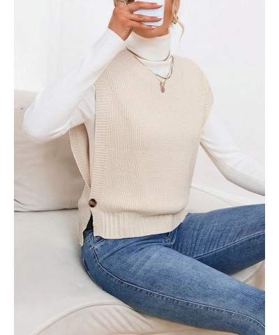 Women's Sleeveless Round Neck Knit Sweater Vest Button Crop Sweater Tops Beige $8.84 Sweaters