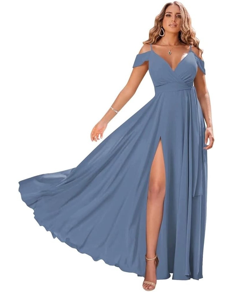 Off Shoulder Bridesmaid Dresses 2023 for Women Long Chiffon V Neck Formal Evening Gown with Slit RQ04 Slate Blue $28.01 Dresses