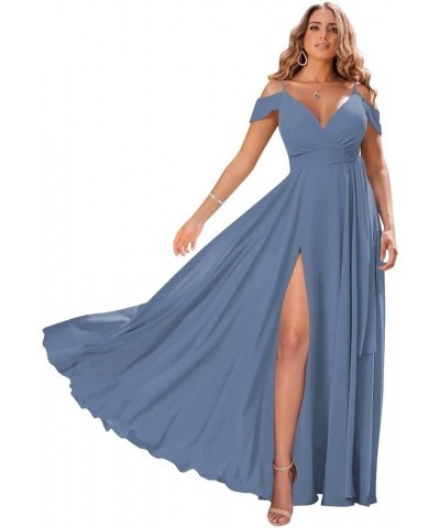 Off Shoulder Bridesmaid Dresses 2023 for Women Long Chiffon V Neck Formal Evening Gown with Slit RQ04 Slate Blue $28.01 Dresses