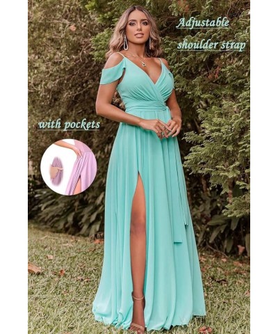 Off Shoulder Bridesmaid Dresses 2023 for Women Long Chiffon V Neck Formal Evening Gown with Slit RQ04 Slate Blue $28.01 Dresses