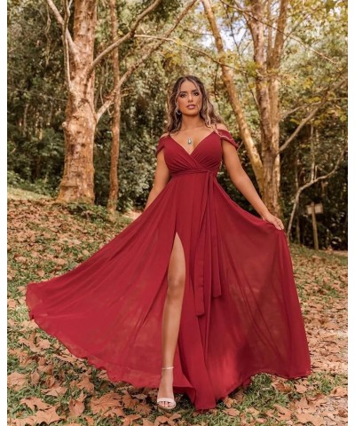 Off Shoulder Bridesmaid Dresses 2023 for Women Long Chiffon V Neck Formal Evening Gown with Slit RQ04 Slate Blue $28.01 Dresses