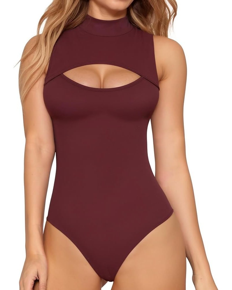 Mock Neck Cutout Front Bodysuit Sleeveless Body suit for Women T Shirt Tops Burgundy $13.24 Lingerie