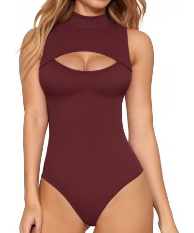 Mock Neck Cutout Front Bodysuit Sleeveless Body suit for Women T Shirt Tops Burgundy $13.24 Lingerie