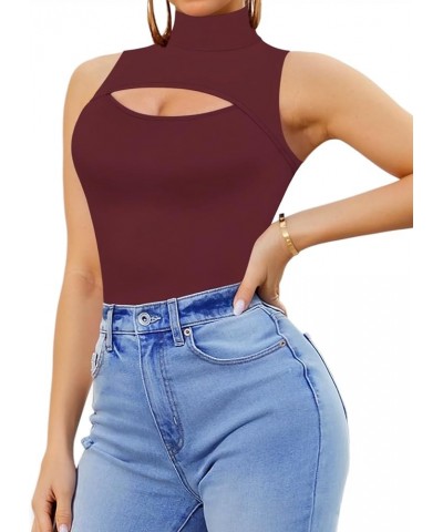 Mock Neck Cutout Front Bodysuit Sleeveless Body suit for Women T Shirt Tops Burgundy $13.24 Lingerie